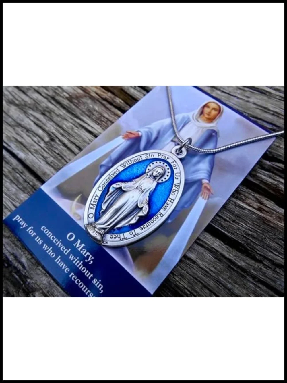 Blue Enamel Miraculous Medal Pendant Necklace, Stainless Steel Chain
